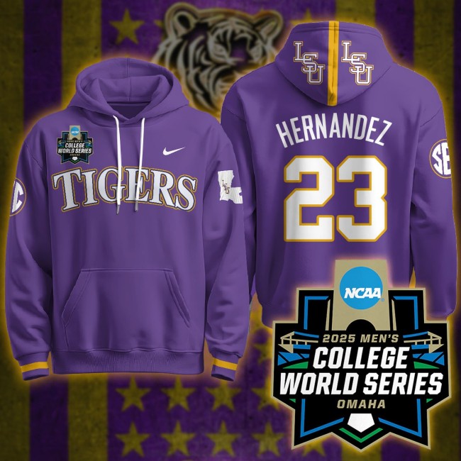 LSU Tigers #23 Luis Hernandez Nike 2025 Men's College World Series Limited Hoodie Purple - All Stitched