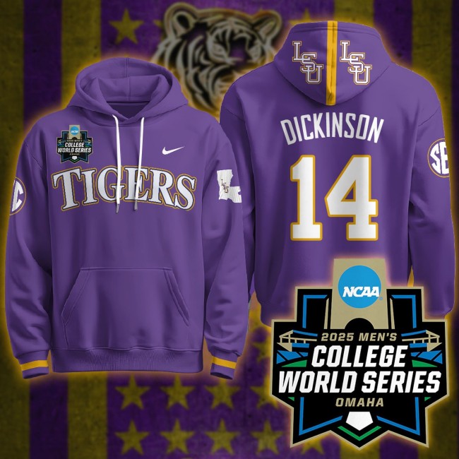 LSU Tigers #14 Daniel Dickinson Nike 2025 Men's College World Series Limited Hoodie Purple - All Stitched