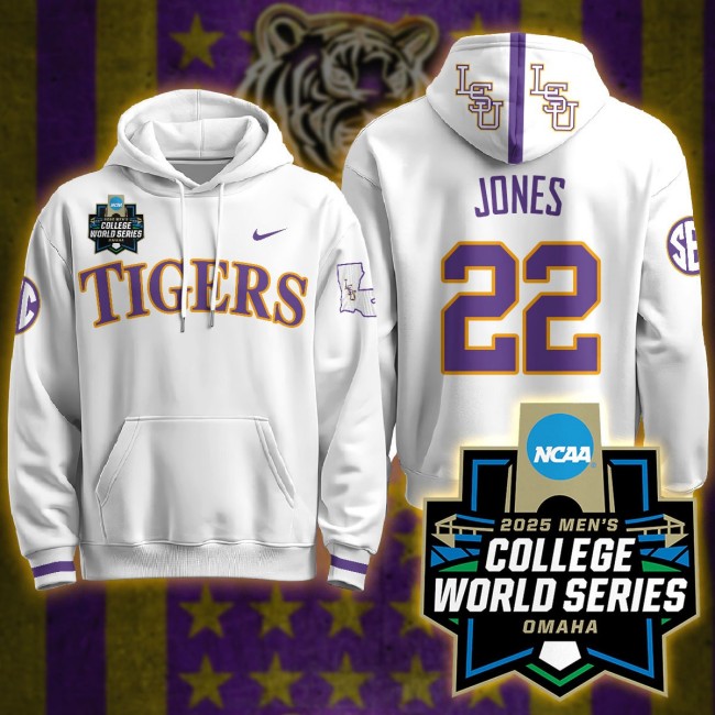 Nike LSU Tigers #22 Jared Jones 2025 Men's College World Series Limited Hoodie White - All Stitched
