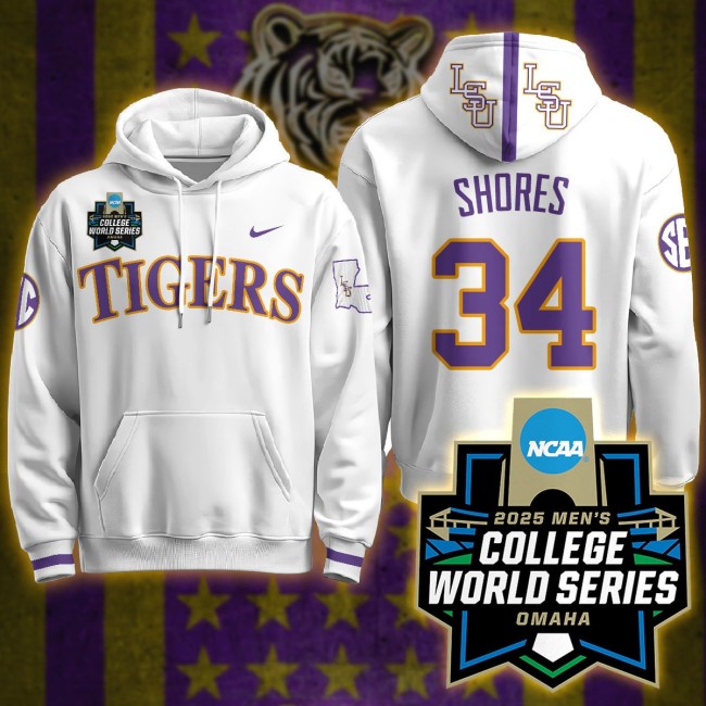 Nike LSU Tigers #34 Chase Shores 2025 Men's College World Series Limited Hoodie White - All Stitched