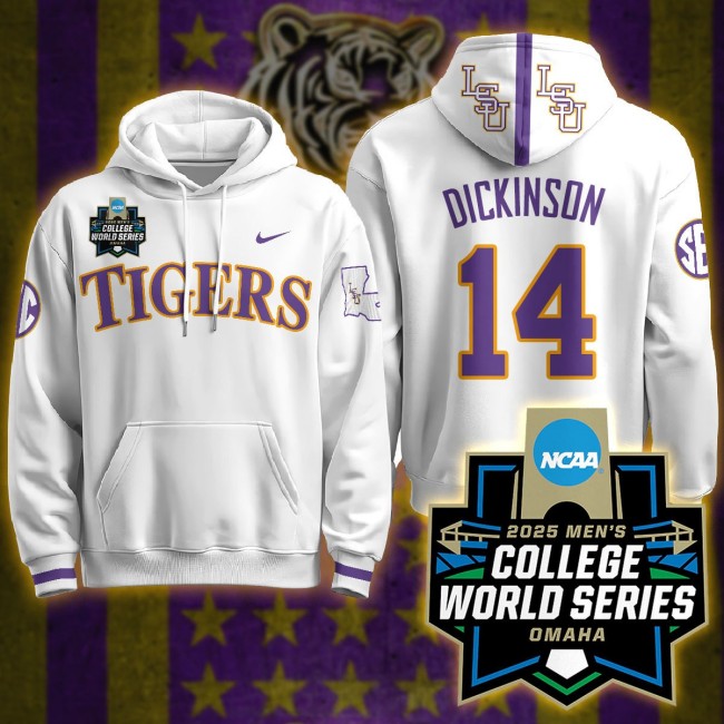 Nike LSU Tigers #14 Daniel Dickinson 2025 Men's College World Series Limited Hoodie White - All Stitched