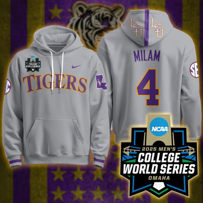 LSU Tigers #4 Steven Milam Nike 2025 Men's College World Series Limited Hoodie Grey - All Stitched