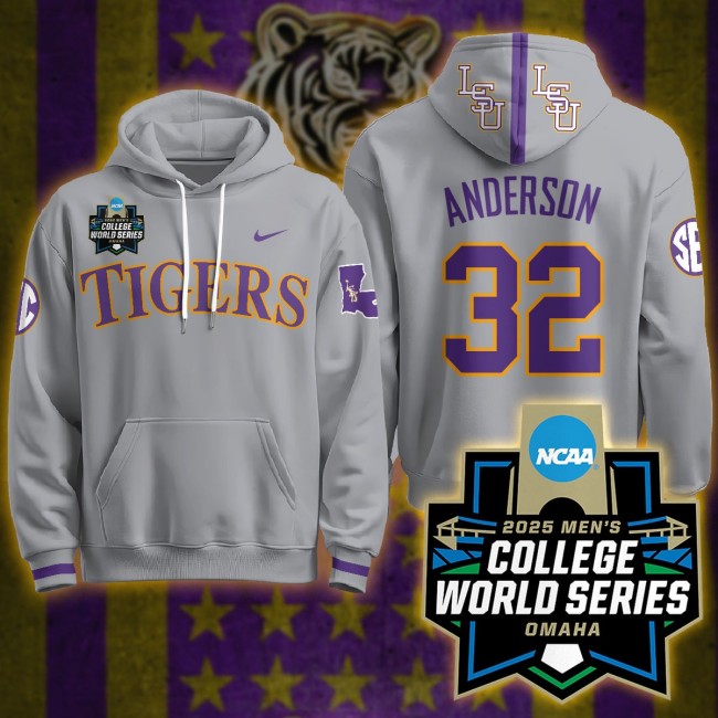 LSU Tigers #32 Kade Anderson Nike 2025 Men's College World Series Limited Hoodie Grey - All Stitched