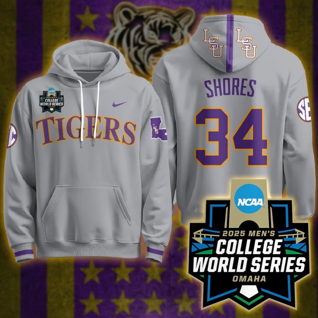 LSU Tigers #34 Chase Shores Nike 2025 Men's College World Series Limited Hoodie Grey - All Stitched
