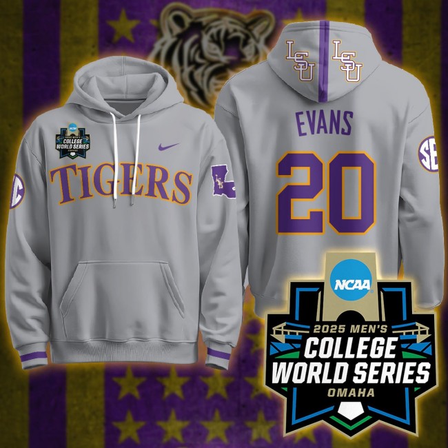 LSU Tigers #20 Casan Evans Nike 2025 Men's College World Series Limited Hoodie Grey - All Stitched