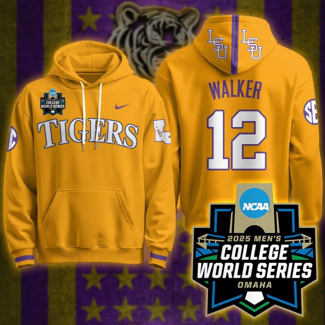 LSU Tigers #12 Todd Walker Nike 2025 Men's College World Series Limited Hoodie Yellow - All Stitched