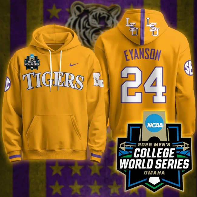 LSU Tigers #24 Anthony Eyanson Nike 2025 Men's College World Series Limited Hoodie Yellow - All Stitched