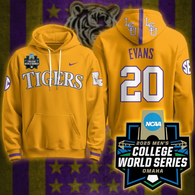 LSU Tigers #20 Casan Evans Nike 2025 Men's College World Series Limited Hoodie Yellow - All Stitched