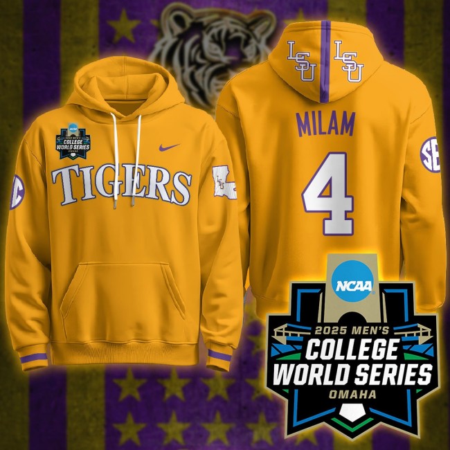 LSU Tigers #4 Steven Milam Nike 2025 Men's College World Series Limited Hoodie Yellow - All Stitched