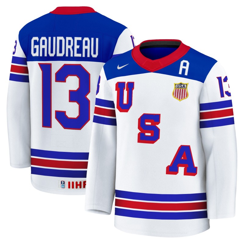 Men's USA Nike Olympic Hockey #13 Johnny Gaudreau White 2025 Premium Stitched Jersey