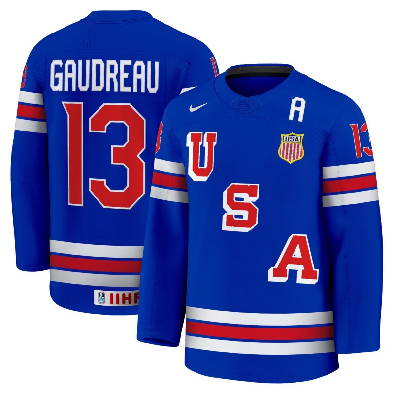 Men's USA Nike Olympic Hockey #13 Johnny Gaudreau Blue 2025 Premium Stitched Jersey
