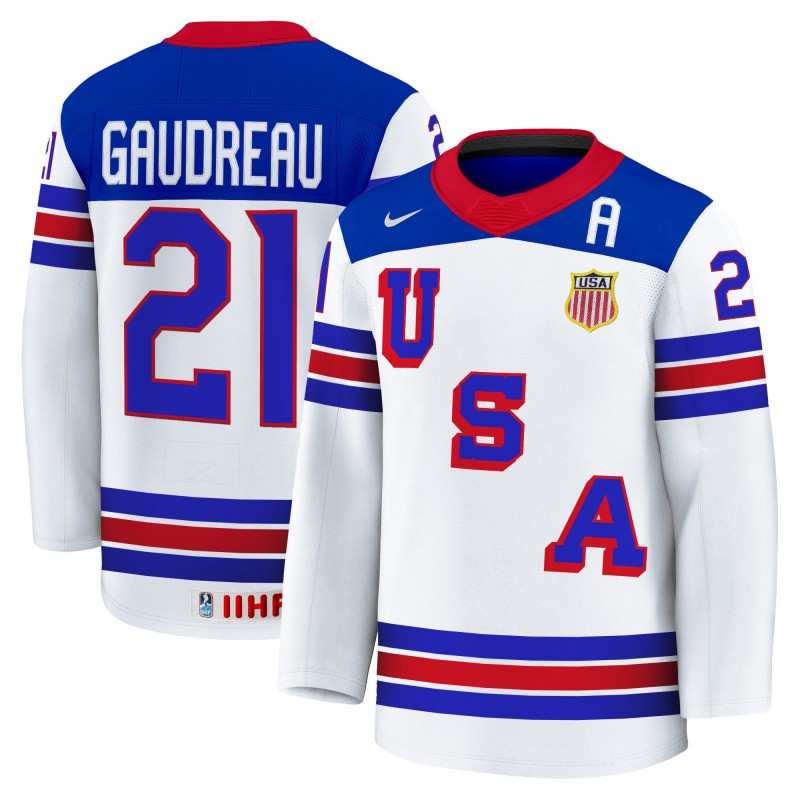 Men's USA Nike Olympic Hockey #21 Matthew Gaudreau White 2025 Premium Stitched Jersey