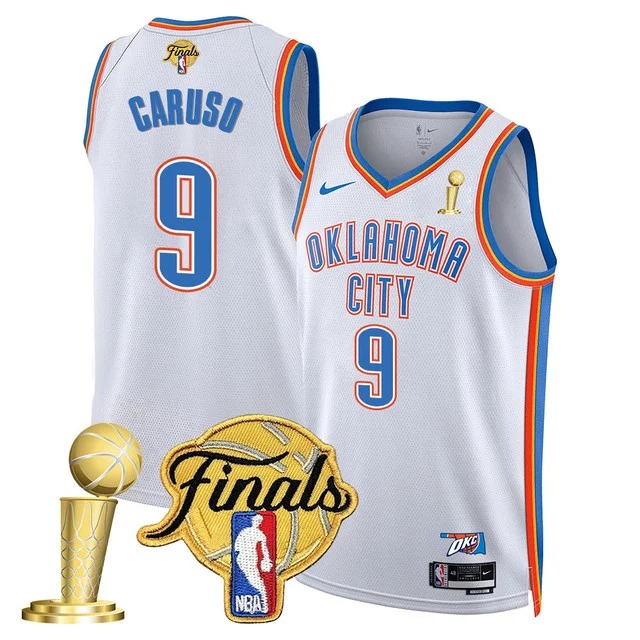 Men's Oklahoma City Thunder #9 Alex Caruso White 2025 Finals Patch And Finals Champions State Map Patch Association Edition Stitched Basketball Jersey