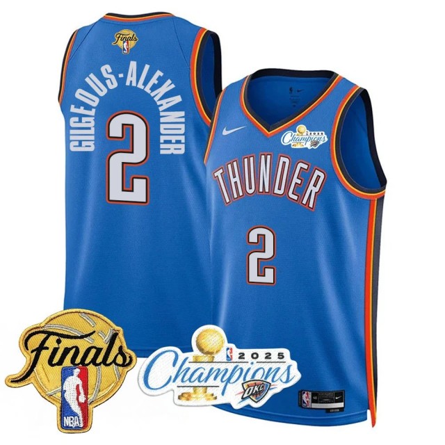 Men's Oklahoma City Thunder #2 Shai Gilgeous-Alexander Blue 2025 Finals Patch And Finals 'Champions Patch Icon Edition Stitched Basketball Jersey