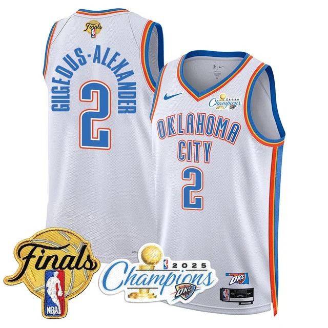 Men's Oklahoma City Thunder #2 Shai Gilgeous-Alexander White 2025 Finals Patch And Finals 'Champions State Map Patch Association Edition Stitched Basketball Jersey