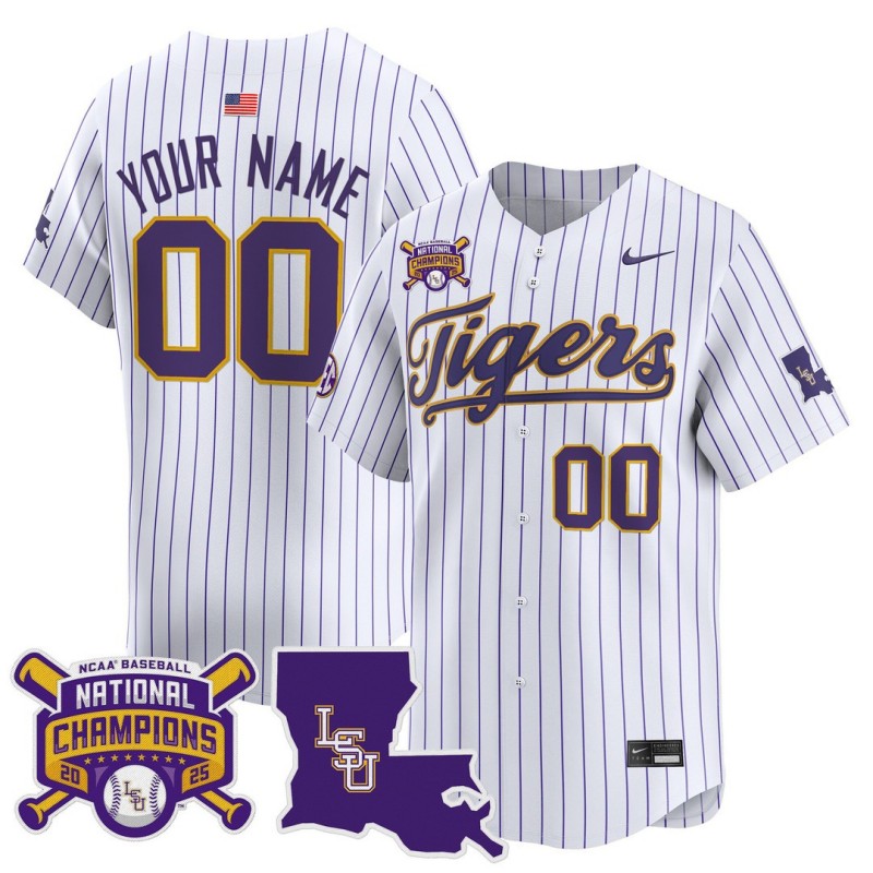 LSU Tigers Custom 2025 College World Series Champions Nike  Limited Baseball Jersey White Stripe - All Stitched