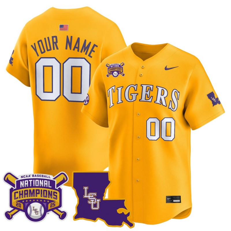 LSU Tigers Custom 2025 College World Series Champions Nike Limited Baseball Jersey Gold - All Stitched