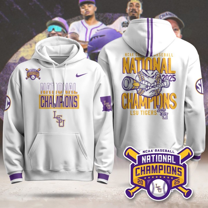 LSU Tigers 2025 World Series Champions Nike Limited Hoodie White W3 - Printed