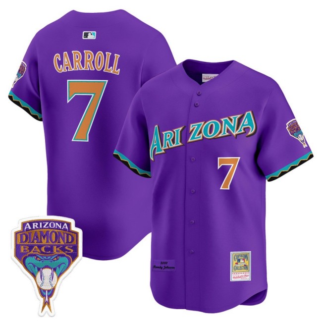 Arizona Diamondbacks #7 Corbin Carroll Randy Johnson Patch 2000 Cooperstown Throwback Baseball Jersey Purple - All Stitched