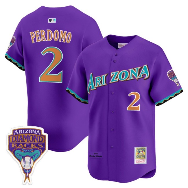 Arizona Diamondbacks #2 Geraldo Perdomo Randy Johnson Patch 2000 Cooperstown Throwback Baseball Jersey Purple - All Stitched