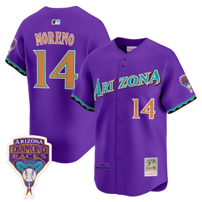 Arizona Diamondbacks #14 Gabriel Moreno Randy Johnson Patch 2000 Cooperstown Throwback Baseball Jersey Purple - All Stitched