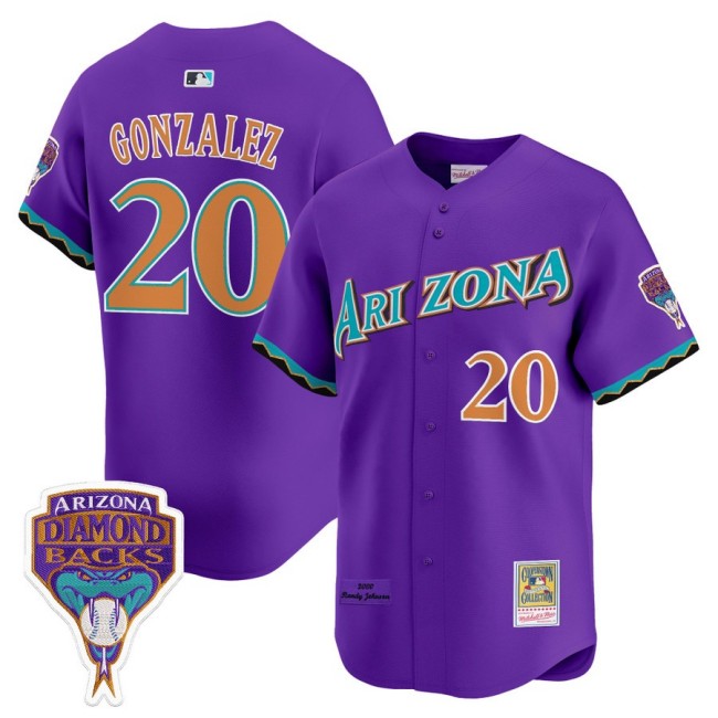 Arizona Diamondbacks #20 Luis Gonzalez Randy Johnson Patch 2000 Cooperstown Throwback Baseball Jersey Purple - All Stitched