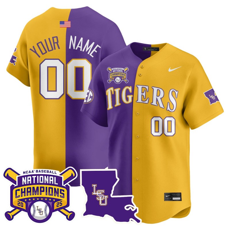 LSU Tigers Custom 2025 College World Series Champions Split Nike Limited Baseball Jersey Purple Gold - All Stitched