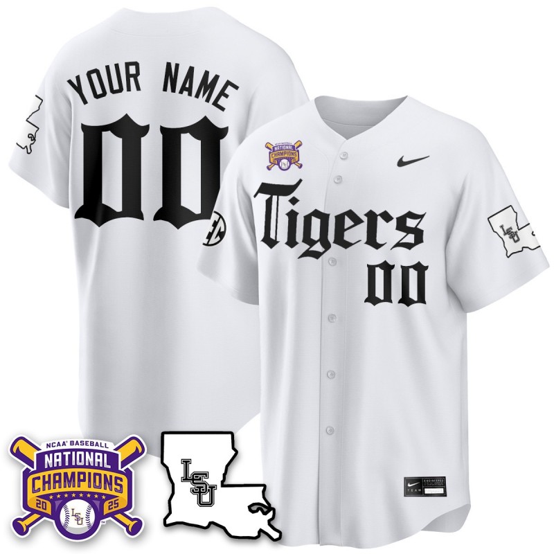 LSU Tigers Custom 2025 World Series Champions 'Gothic Geaux Edition' Baseball Jersey White - All Stitched