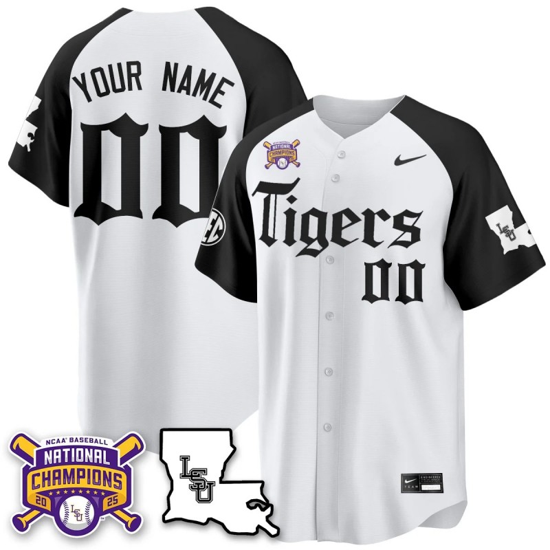 LSU Tigers Custom 2025 World Series Champions 'Gothic Geaux Edition' Baseball Jersey White Black - All Stitched