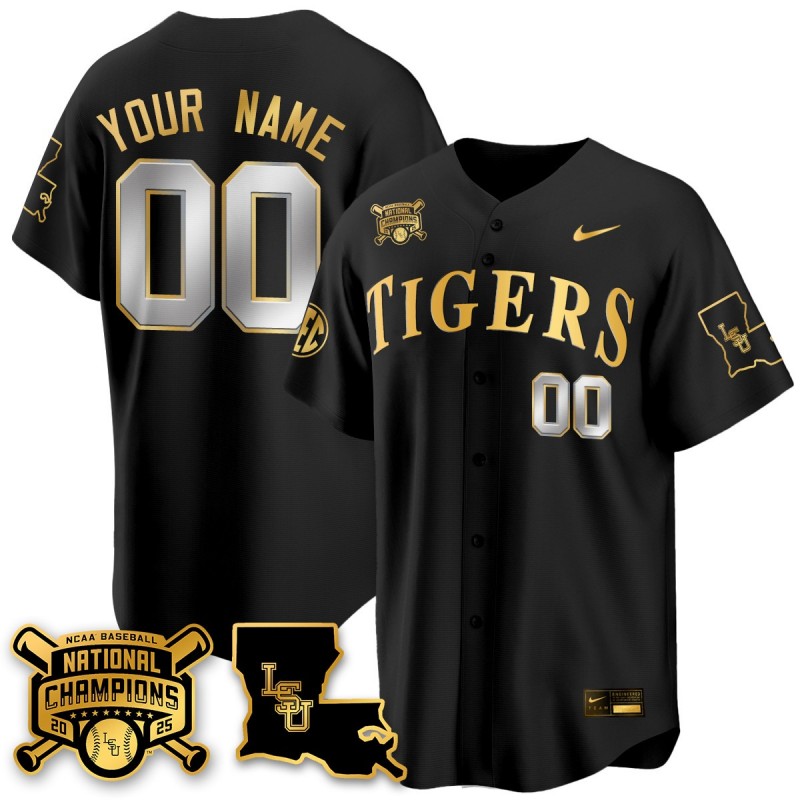 LSU Tigers Custom 2025 World Series Champions Gold Limited Baseball Jersey Black - All Stitched