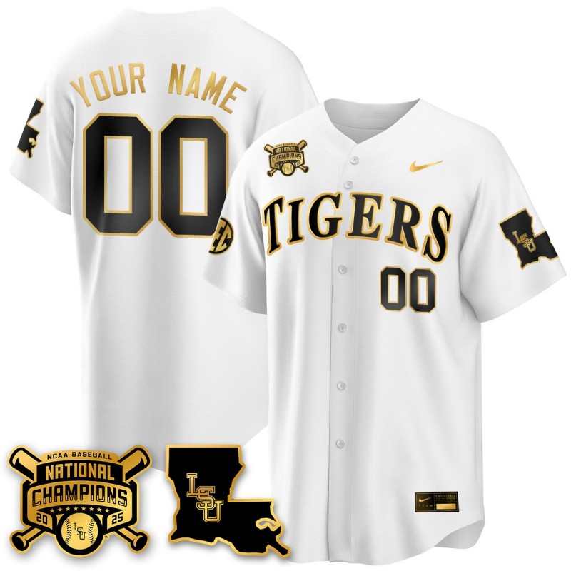 LSU Tigers Custom 2025 World Series Champions Gold Limited Baseball Jersey White - All Stitched