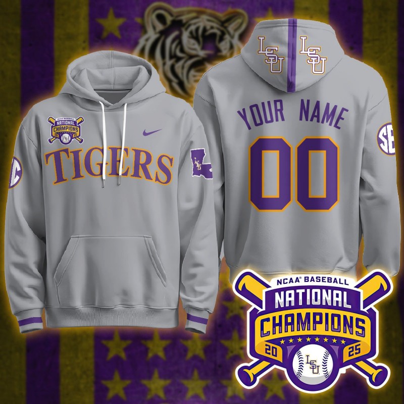 LSU Tigers Custom 2025 World Series Champions Nike Hoodie Grey - All Stitched