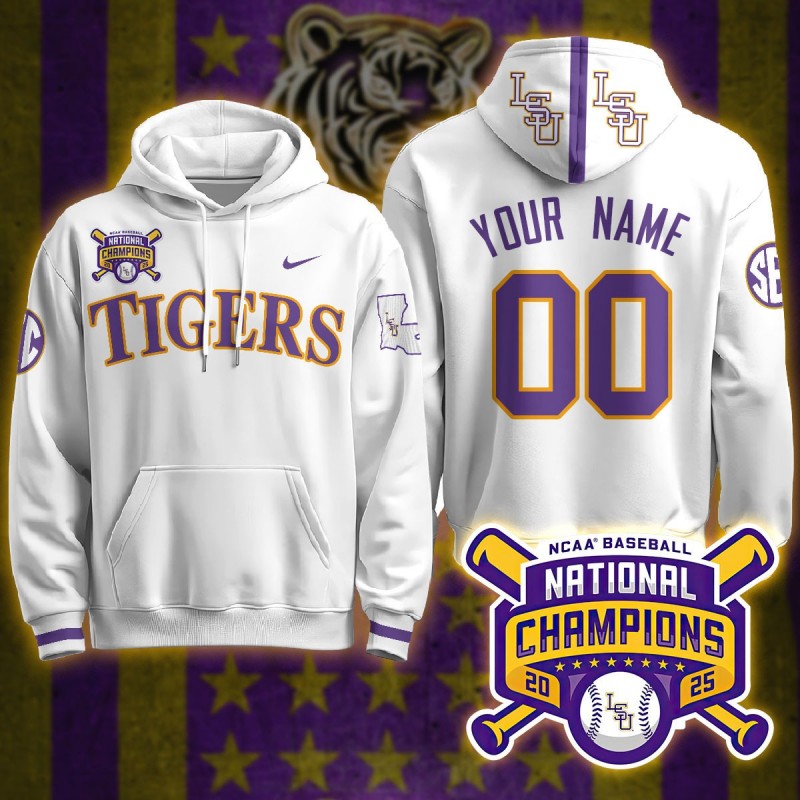 LSU Tigers Custom 2025 World Series Champions Nike Hoodie White - All Stitched