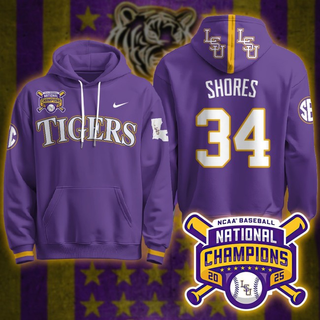 LSU Tigers #34 Chase Shores 2025 World Series Champions Nike Limited Hoodie Purple - All Stitched
