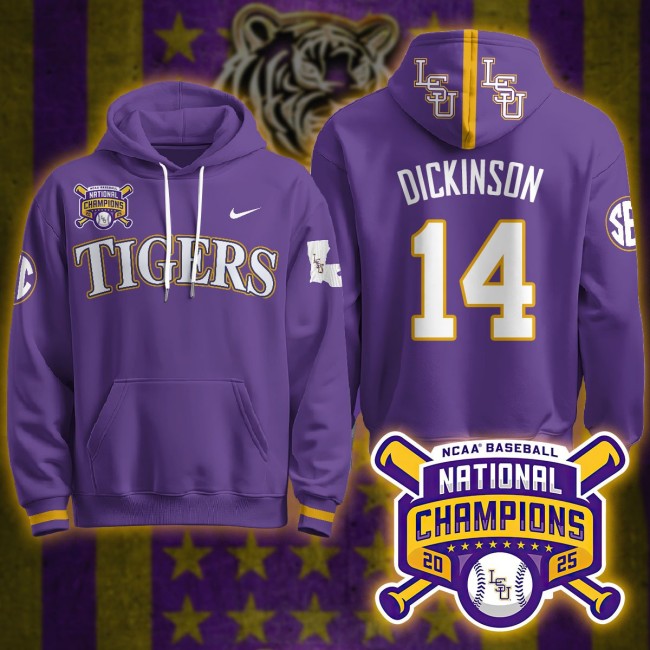 LSU Tigers #14 Daniel Dickinson 2025 World Series Champions Nike Limited Hoodie Purple - All Stitched