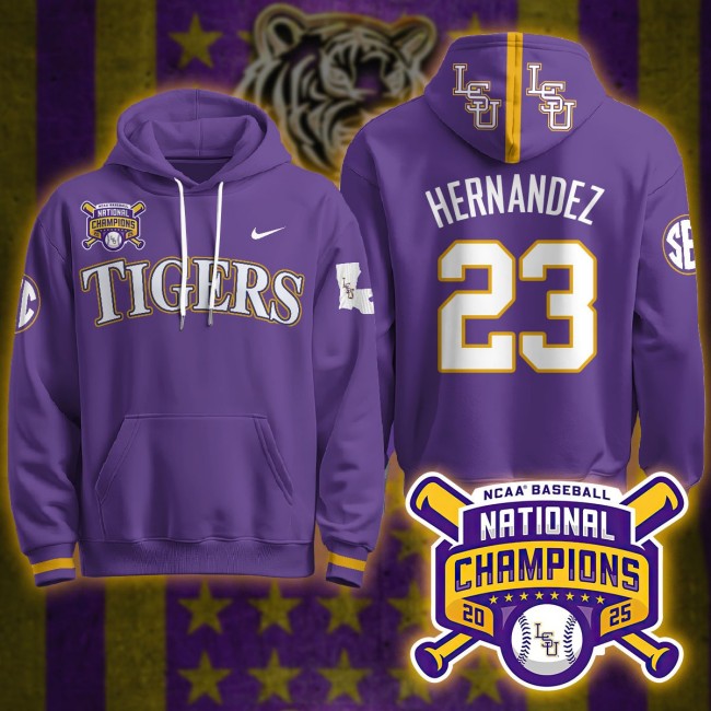 LSU Tigers #23 Luis Hernandez 2025 World Series Champions Nike Limited Hoodie Purple - All Stitched