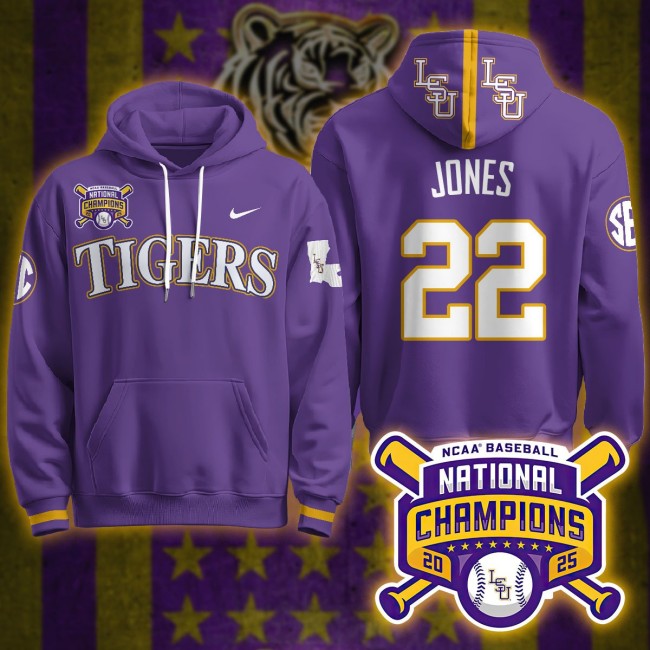 LSU Tigers #22 Jared Jones 2025 World Series Champions Nike Limited Hoodie Purple - All Stitched