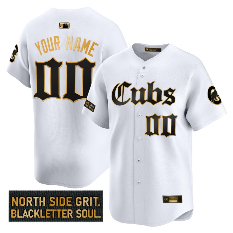 Chicago Cubs Custom 'Gothic North Side Edition' GOLD Vapor Premier Limited Stitched Baseball Jersey White