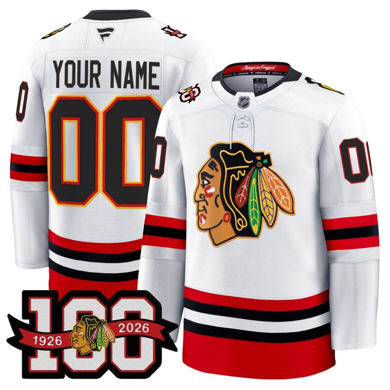 Chicago Blackhawks Custom White 1926-2026 100th Anniversary Premium Stitched Hockey Jersey