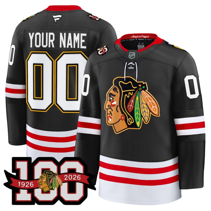 Chicago Blackhawks Custom Black 1926-2026 100th Anniversary Premium Stitched Hockey Jersey