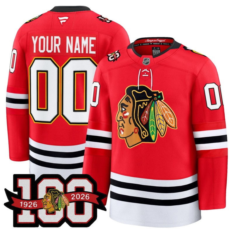 Chicago Blackhawks Custom Red 1926-2026 100th Anniversary Premium Stitched Hockey Jersey