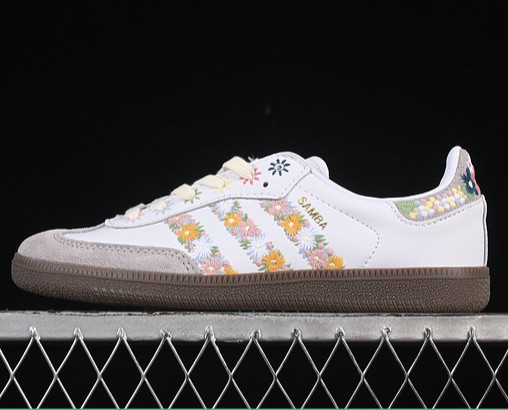 adidas Samba OG Satin Shoes Cloud White/ Off White/ Clear Granite HQ5155 Sneaker - With Flower-Print
