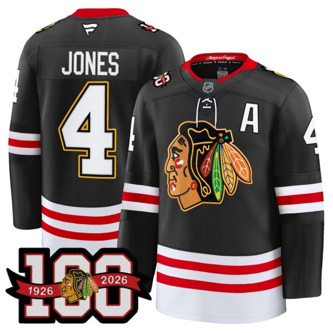 Men's Chicago Blackhawks #4 Seth Jones Black 1926-2026 100th Premium Stitched Hockey Jersey