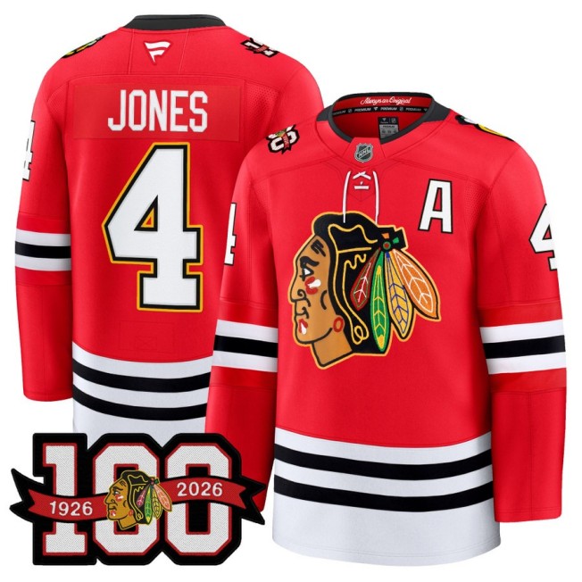 Men's Chicago Blackhawks #4 Seth Jones Red 1926-2026 100th Premium Stitched Hockey Jersey