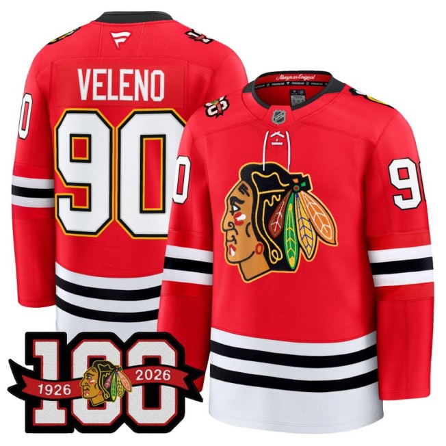 Men's Chicago Blackhawks #90 Joe Veleno Red 1926-2026 100th Premium Stitched Hockey Jersey