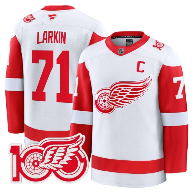 Men's Detroit Red Wings #71 Dylan Larkin White 100th Premium Stitched Hockey Jersey