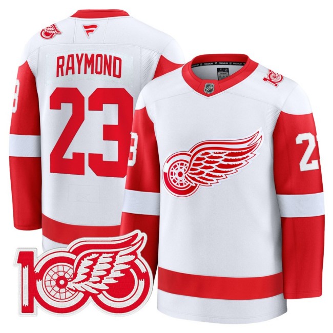 Men's Detroit Red Wings #23 Lucas Raymond White 100th Premium Stitched Hockey Jersey