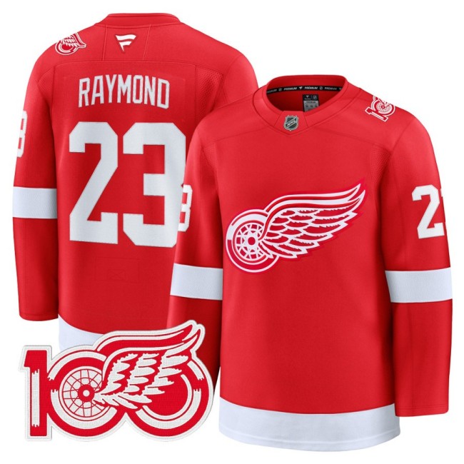 Men's Detroit Red Wings #23 Lucas Raymond Red 100th Premium Stitched Hockey Jersey