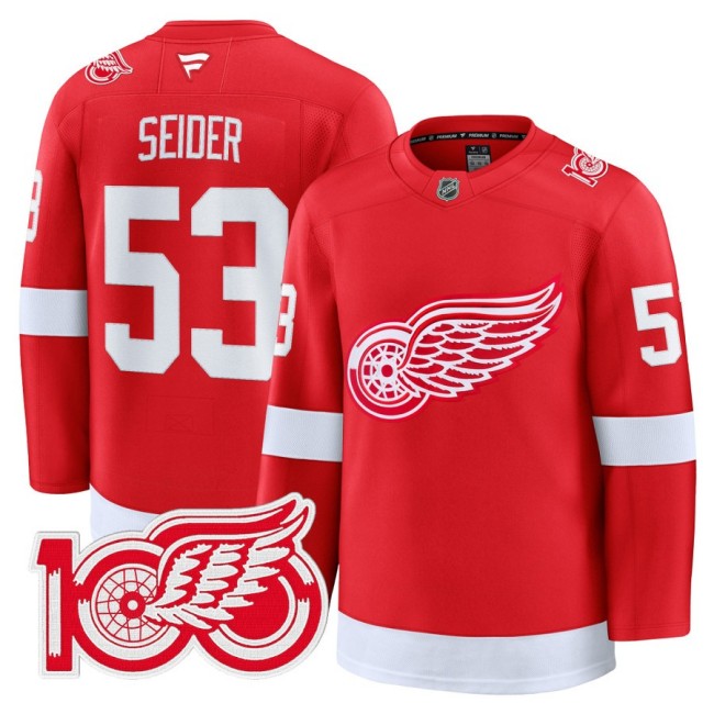 Men's Detroit Red Wings #53 Moritz Seider Red 100th Premium Stitched Hockey Jersey