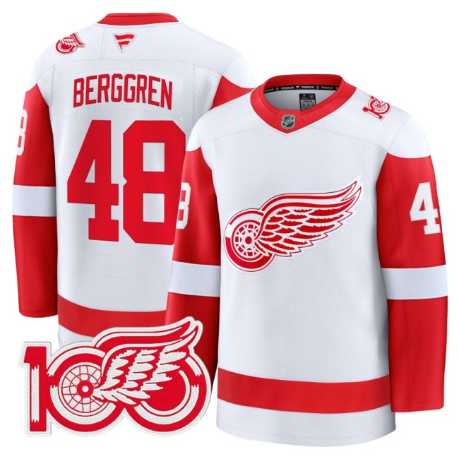 Men's Detroit Red Wings #48 Jonatan Berggren White 100th Premium Stitched Hockey Jersey